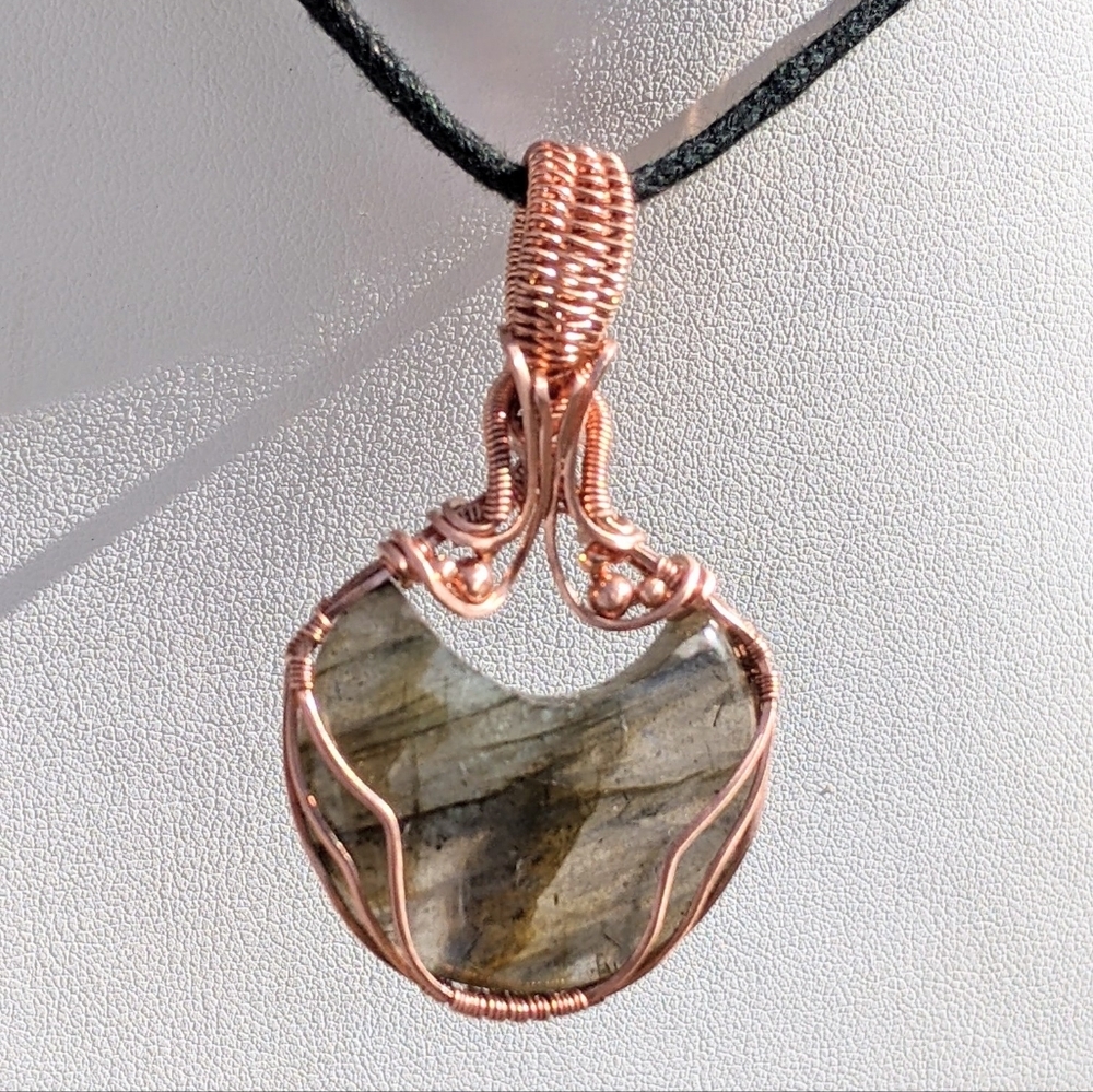 Ethereal Moon Pendant-Artisan-Blue Labradorite Gemstone-Copper Wire Wrap - Picture 13 of 17